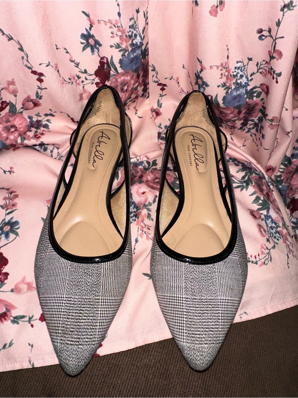 Abella Gray Plaid Pointed Slingback Flats with Black Trim